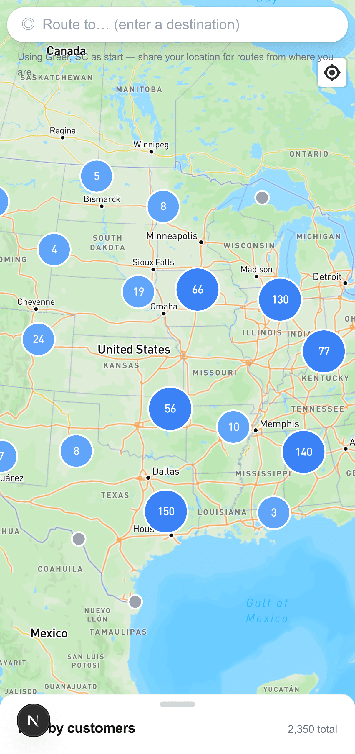 FieldMap showing clustered FabTech customers across the United States