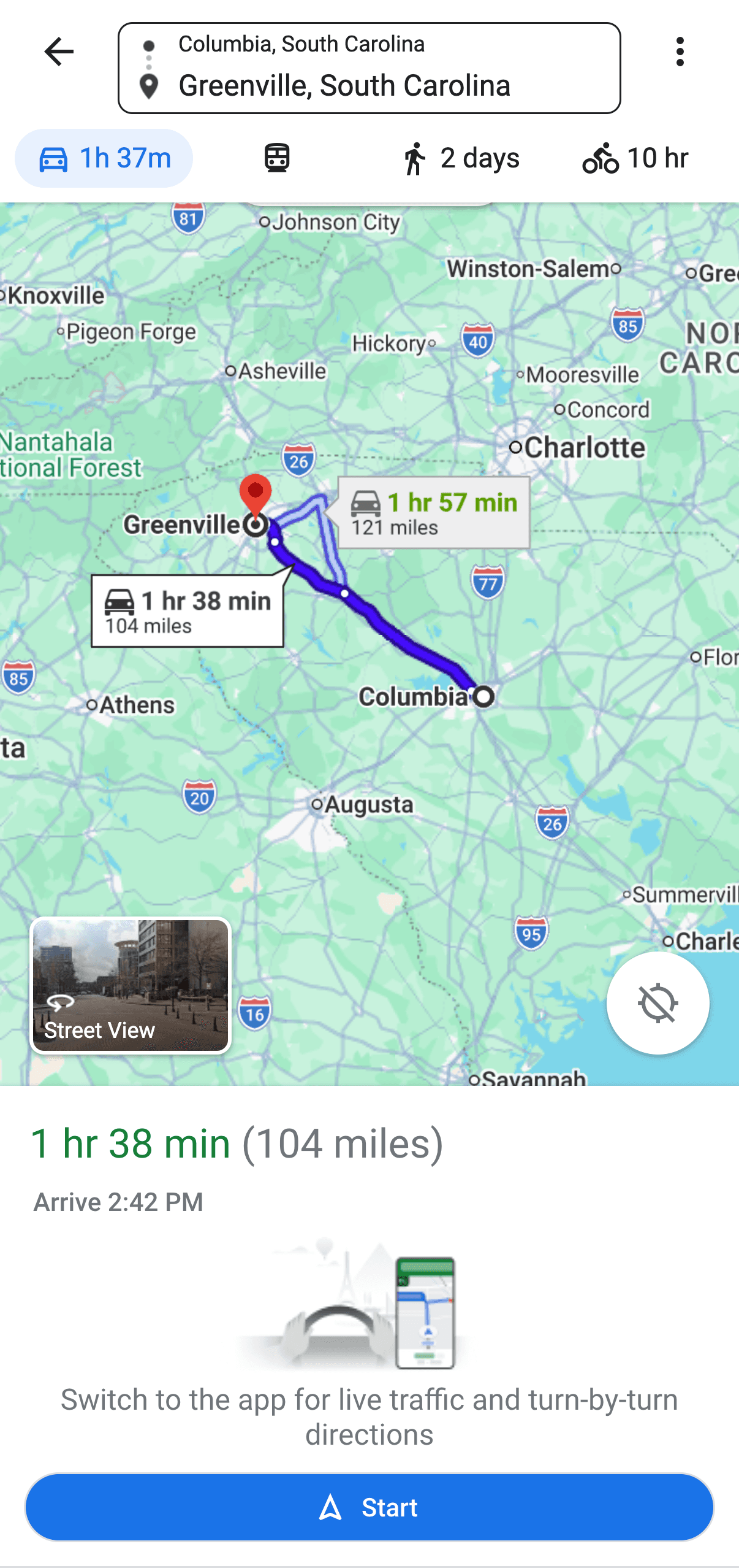 The FieldMap route opened in Google Maps for turn-by-turn driving