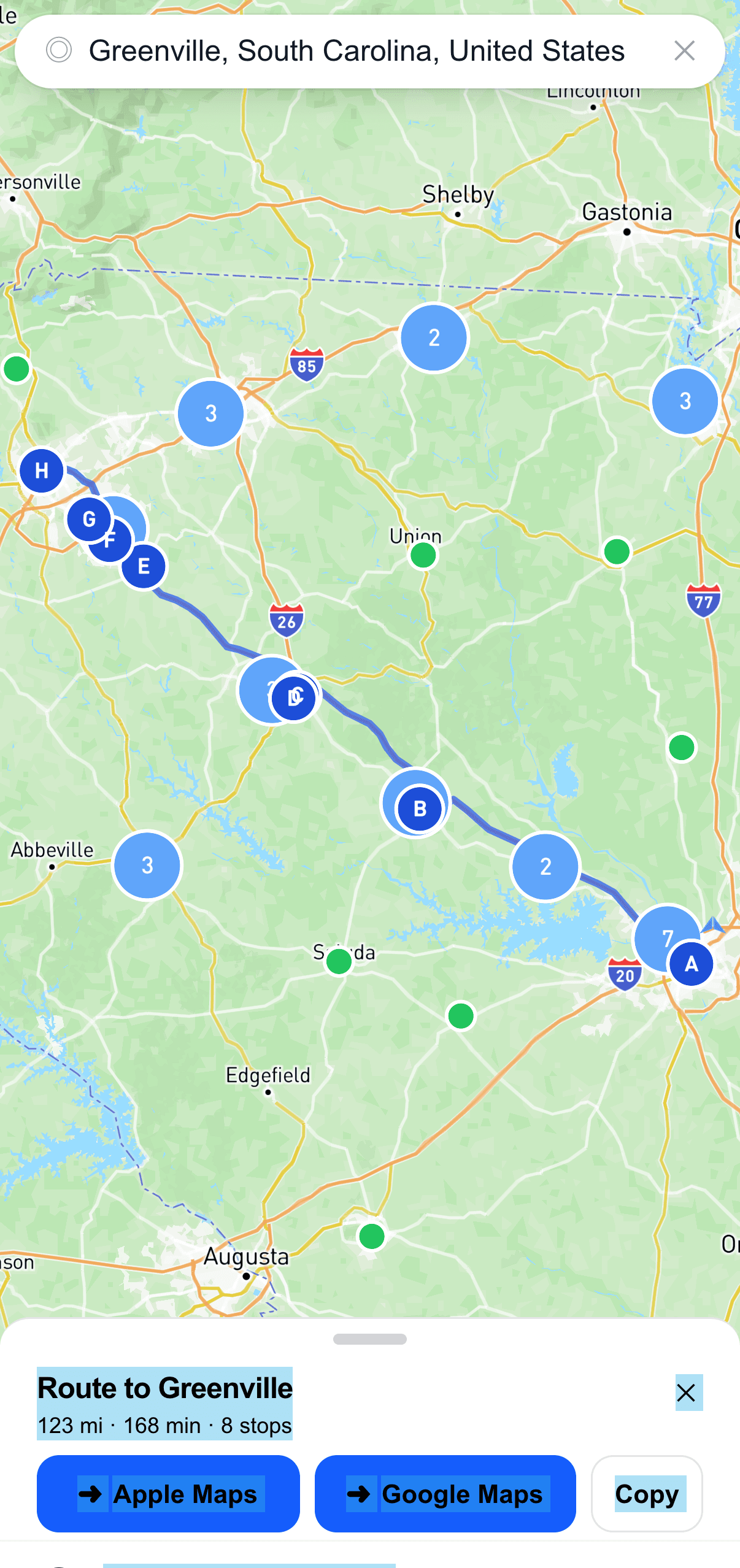FieldMap plotting an optimized sales route through nearby customer stops