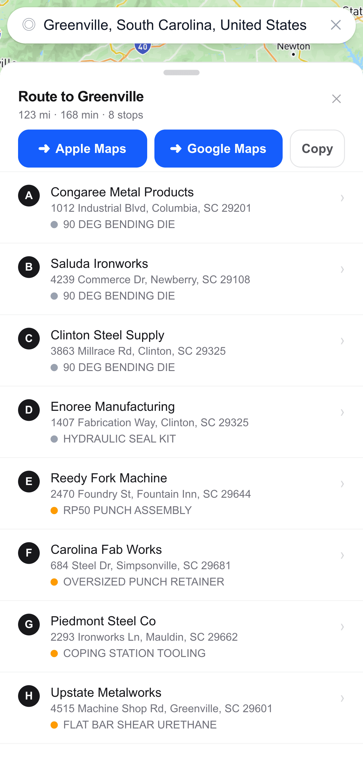 FieldMap route drawer showing the ordered list of customer stops