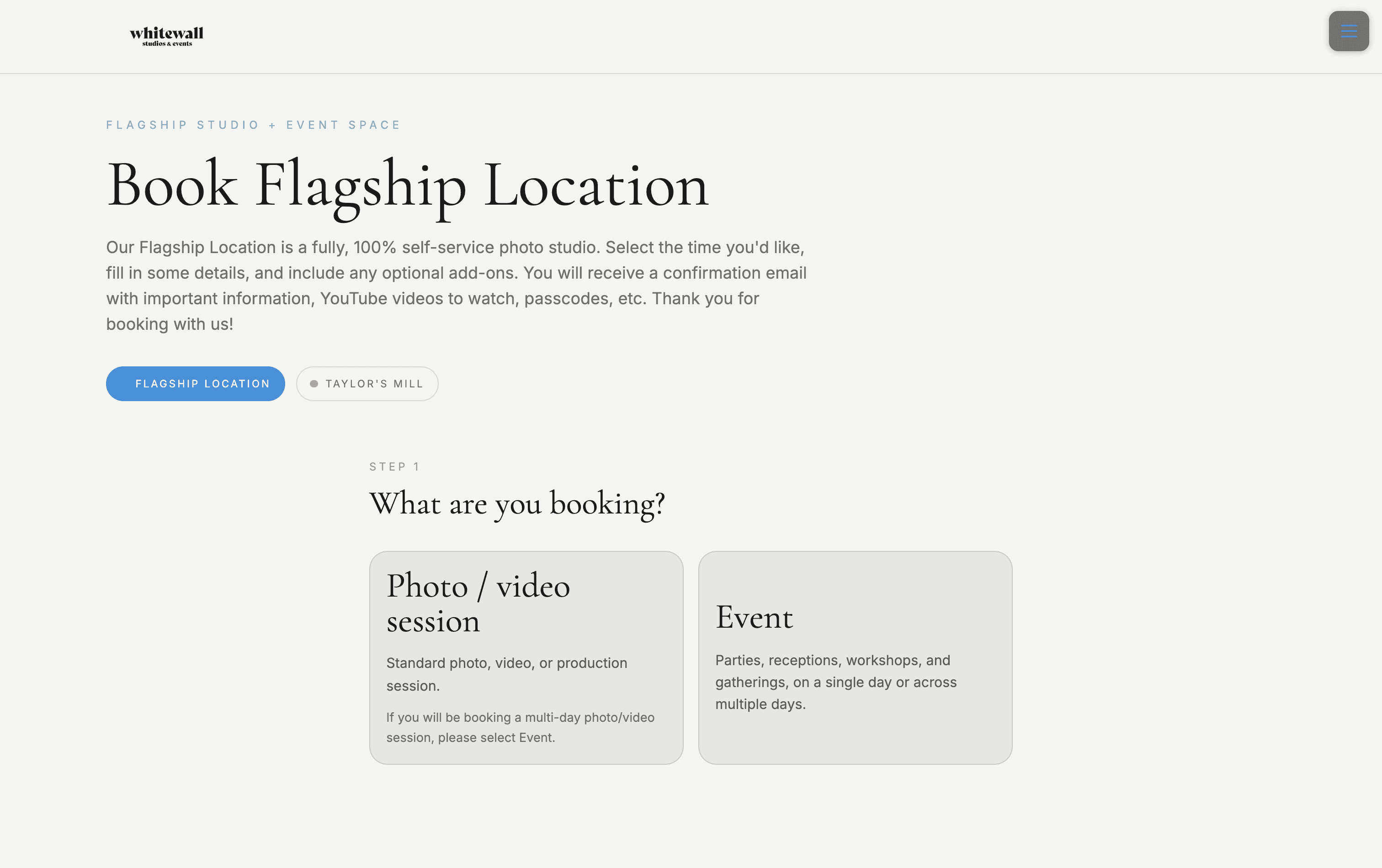 WhiteWall booking flow, step one: what are you booking