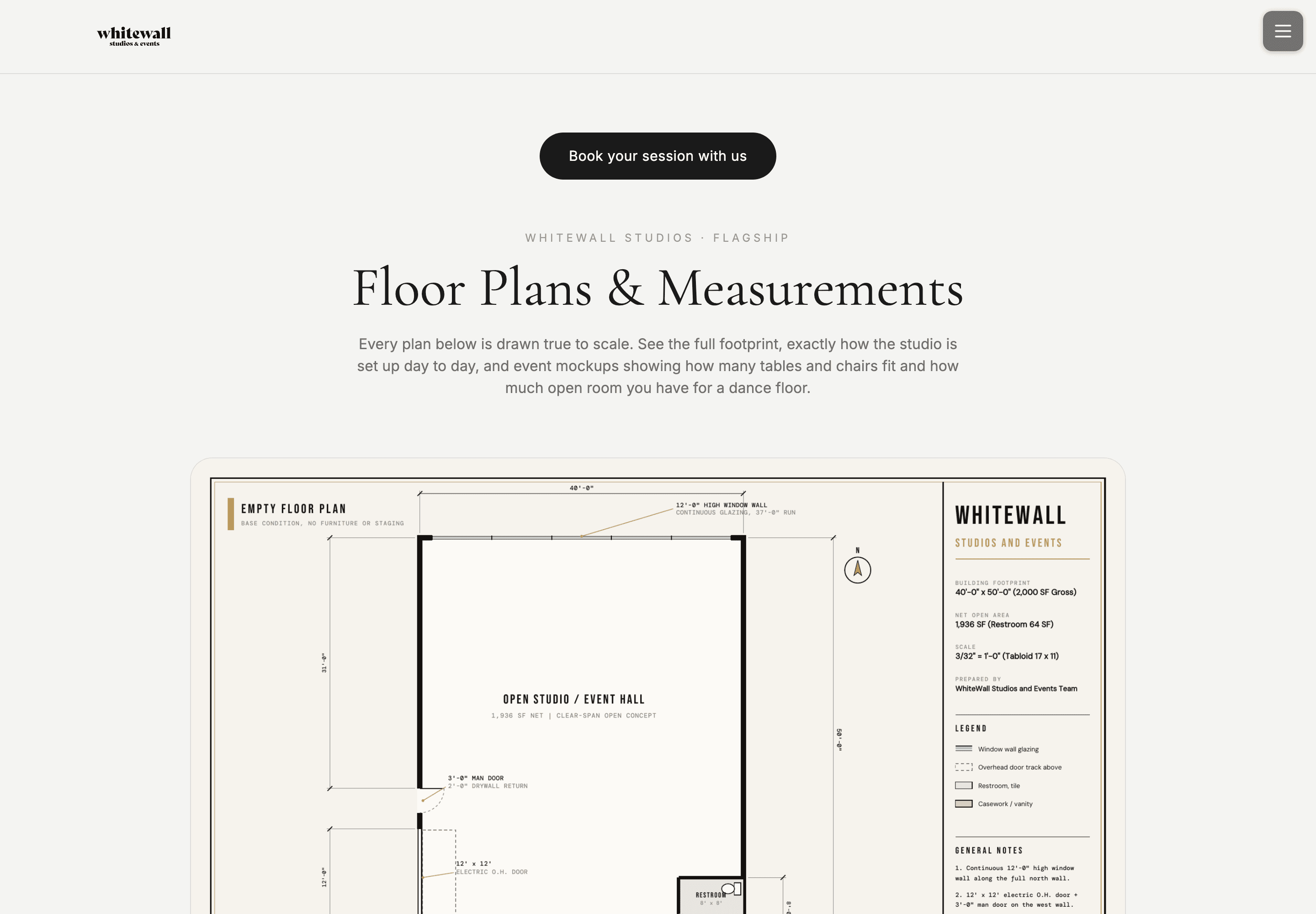 WhiteWall floor plans and measurements page, drawn true to scale